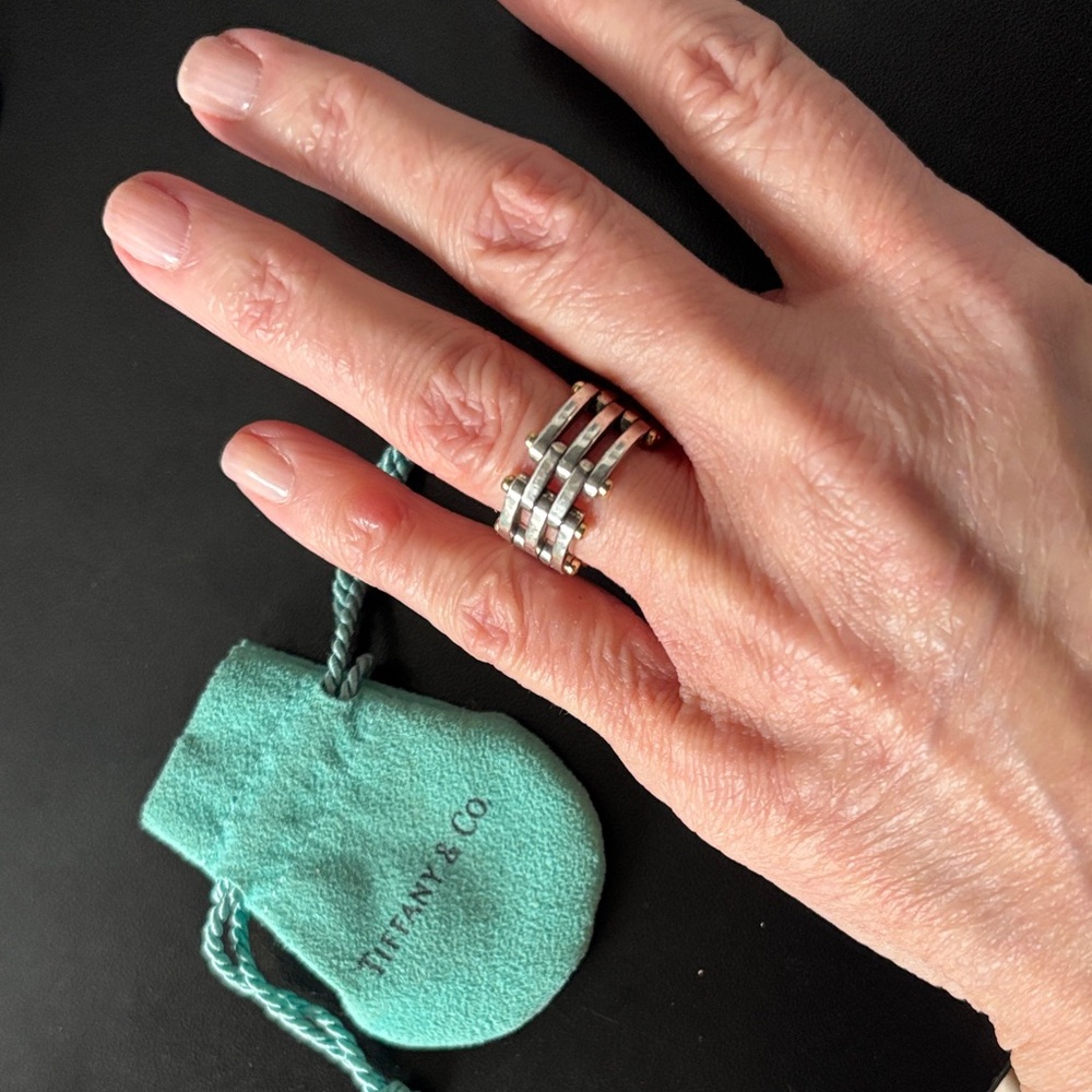 Vintage Retired SS & 18K Gold Tiffany & Co. 925 Gate Ring Sz 6.5 w Blue Pouch